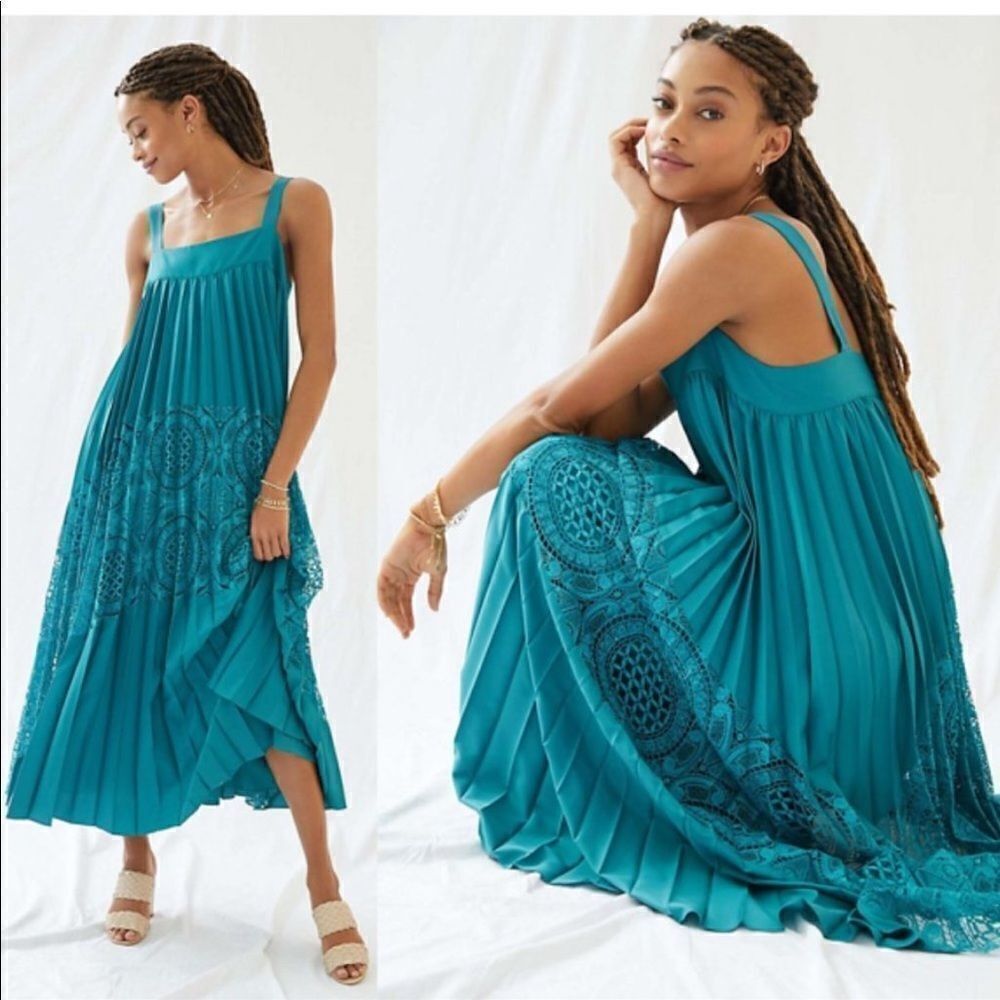 Anthropologie Geisha Design Pleated Lace Maxi Dress Size XS